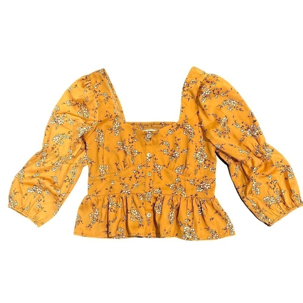 saltwater LUXE Mustard Yellow Floral Puff-Sleeve Peplum Blouse